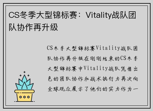 CS冬季大型锦标赛：Vitality战队团队协作再升级
